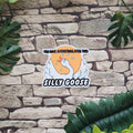A die-cut sticker featuring a cartoon goose with the text 'YOU HAVE OVERSTIMULATED THIS' above and 'SILLY GOOSE' below, displayed on a faux stone wall with green leaves.