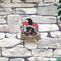 A pin featuring a cartoon goose in a jester hat with the text 'silly goose syndrome', laid on a stone backdrop.