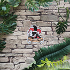 A die-cut sticker featuring a stylized jester goose with the text 'silly goose syndrome' on a banner, placed against a faux stone wall backdrop with green leaves.