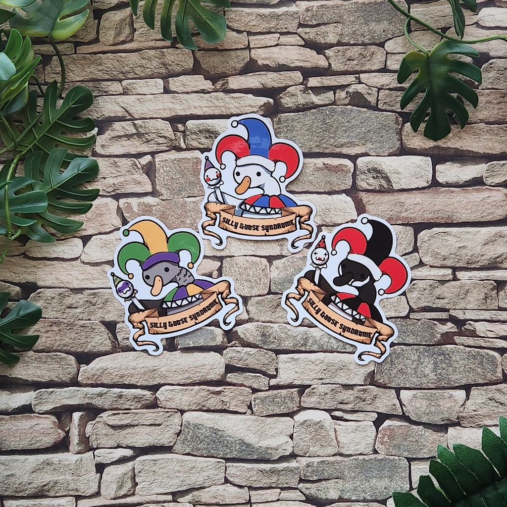 Three cartoon jester-themed stickers displayed on a stone wall background with green leaves framing the top and right sides. The stickers feature white jester characters with red, blue, green, and purple hats, holding banners that read 'Silly Goose Syndrome'.
